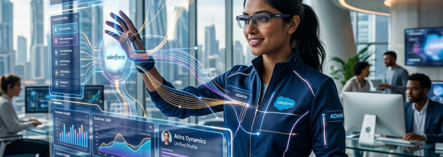 Woman interacting with Salesforce holographic data dashboard in modern office